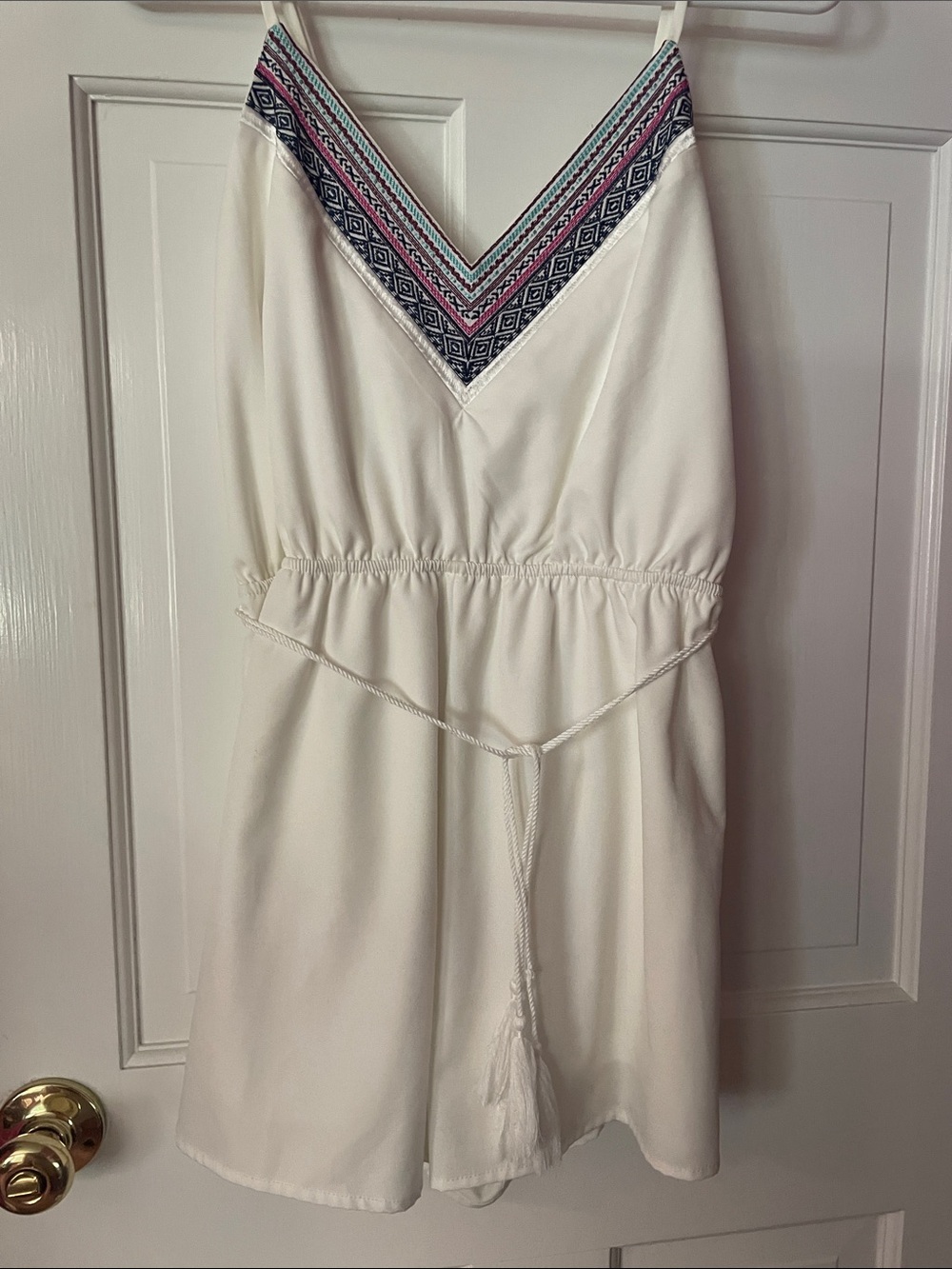 Blue Rain White V-Neck Romper with Embroidered Trim
